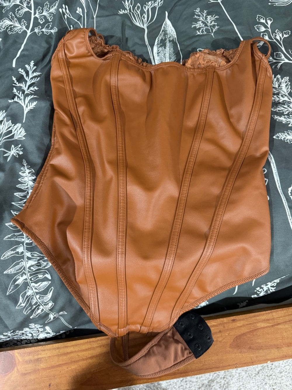 One-Piece Faux Leather Bodysuit with lace in Brown